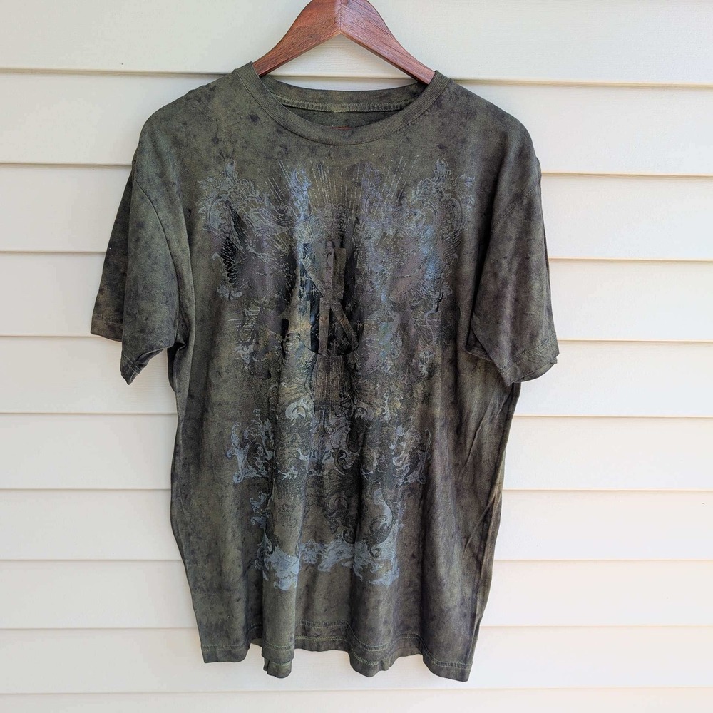 Structure Graphic Tee Mens Large Olive Green Acid Wash Wings Gothic Shirt